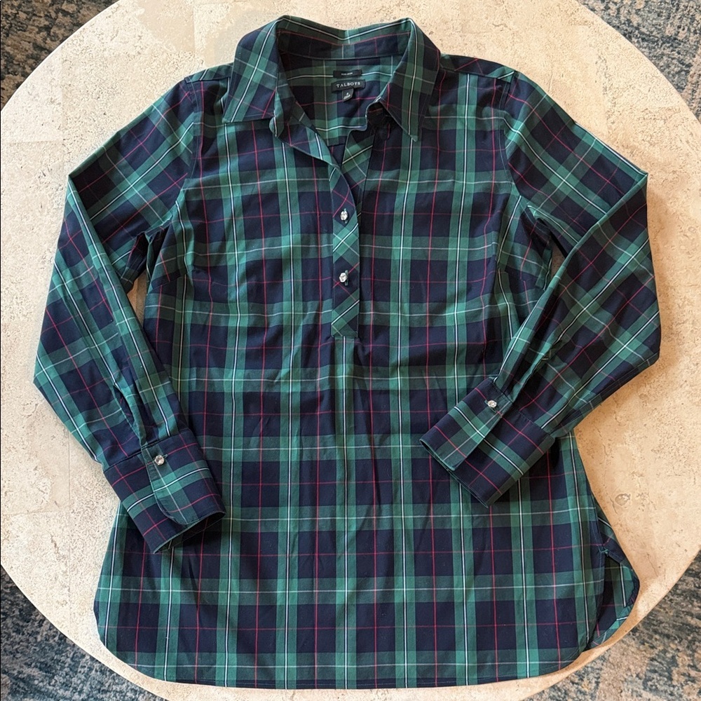 Talbots Size 4 Jewel-button half-placket Plaid Long Sleeve Blouse